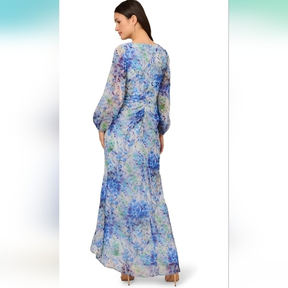 NWT Adrianna Papell Abstract Floral Metallic Chiffon Blue High-Low Dress Size 10 - Picture 2 of 16